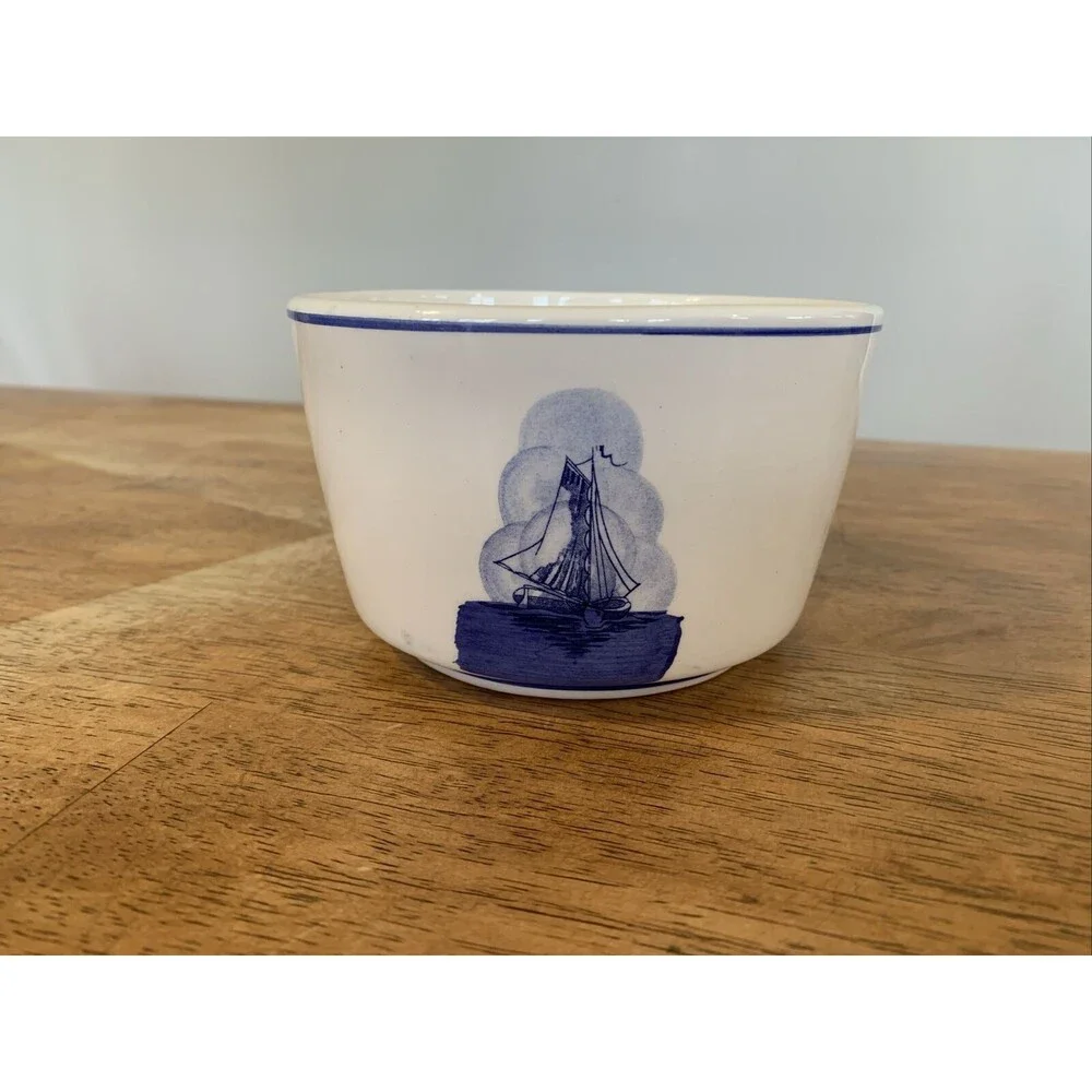 Vintage Delft Blue Windmill Sailboat White Bowl Planter 5”W Holland Dutch Taiwan